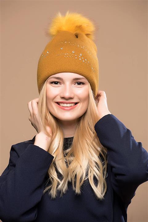 Axesoire 9514 Taşlı Kürk Ponponlı Safran Bere