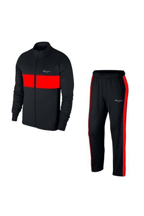 POSEIDONSTORM Büyük Beden Erkek Siyah Günlük Sporcu Eşofman Takımı 4xl-10xl - Kırmızı Ön Detay - M12