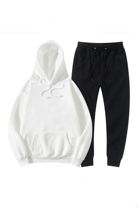 aksesuargo Beyaz Kapüşonlu Sweatshirt Siyah Eşofman Kombini