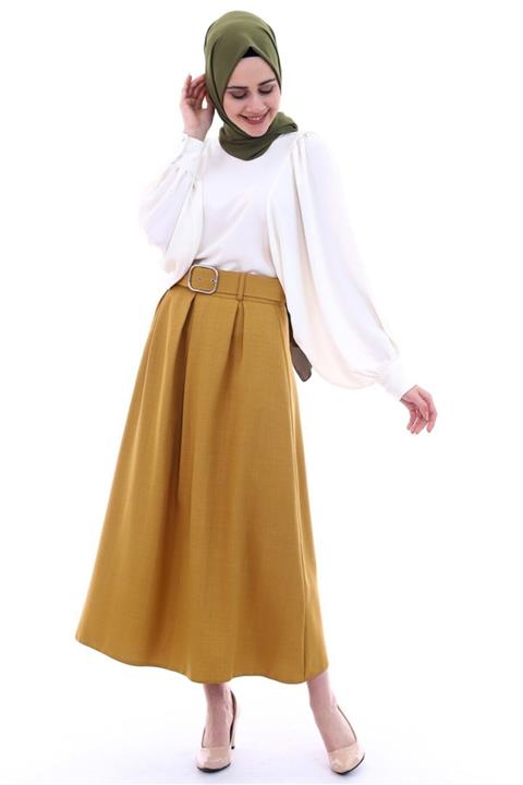 ModaKardelen Yüksek Bel Etek Hardal