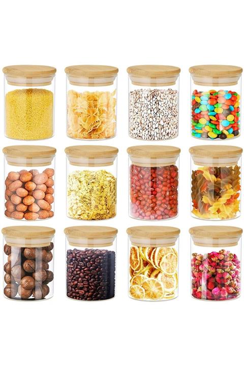 Mama Camilla 12 Li Set 200 Ml Kavanoz Borosilikat Cam Saklama Kabı Bambu Vakumlu Kapak Baharatlık Çerezlik