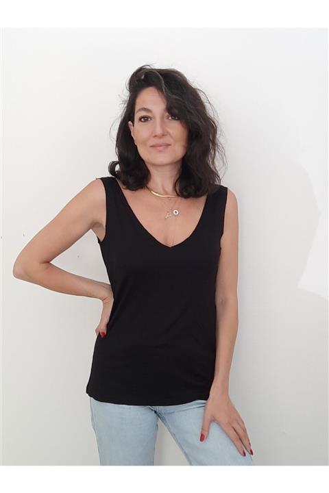 SİSTERS2HC Derin Ön Arka V Yaka Askılı Viskon Merserize Kumaş Beyaz T-shirt