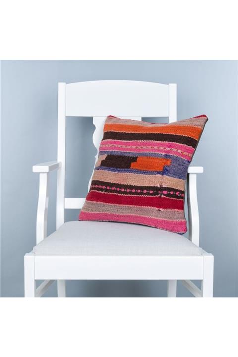 Grandhedefhalı Pembe Zigzag Desen El Dokuma Kilim Yastık Kılıf-40x40