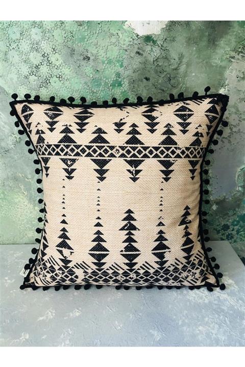 HAZE DESİGN LAB Etnik Siyah Ponponlu Yastık Kılıfı