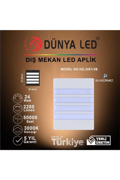 DÜNYA LED Hs.2451/3-b 24w Beyaz Dış Mekan Duvar Aplik 3000k Günışığı
