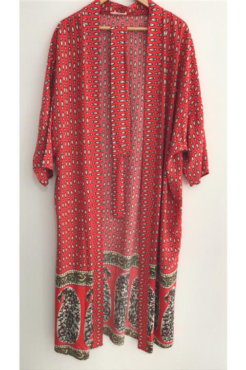 HAMAQ Kadın Etnik Desen Kırmızı Kimono