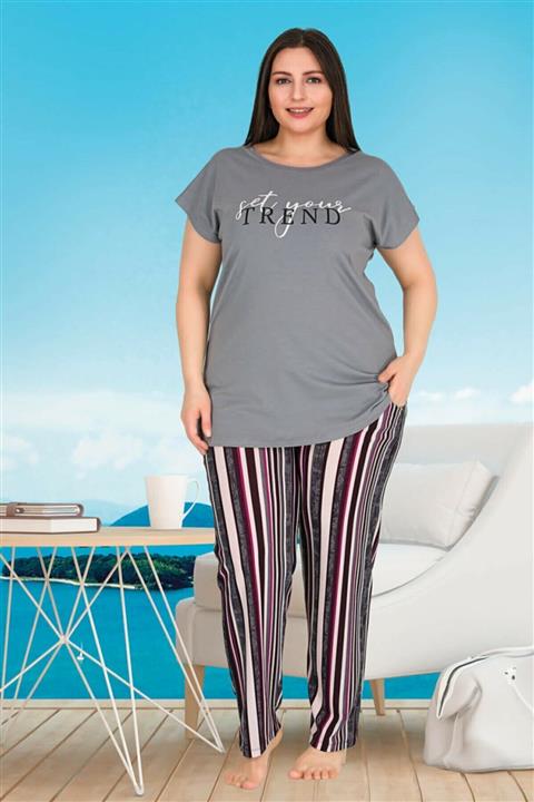 by HW Kadın Gri Büyük Beden Kısa Kollu Pijama Takımı
