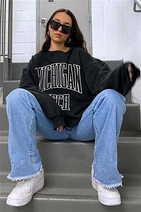 LEDRESS Kadın Siyah Michigan Tech Yazılı Baskılı Oversize Sweatshirt Tech