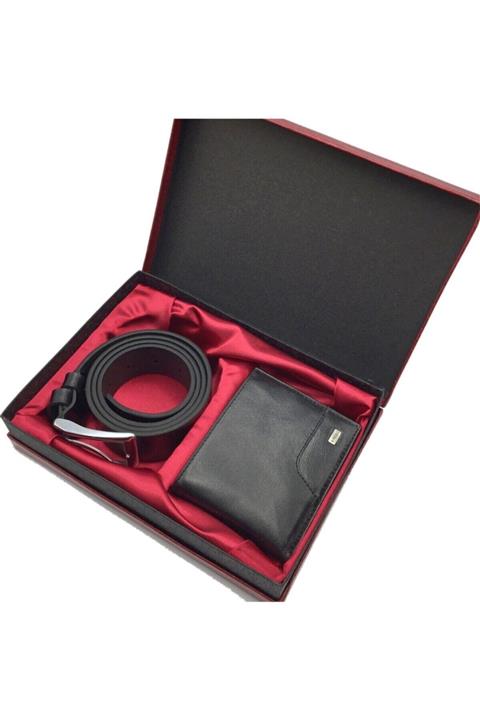 Karalı Deri Erkek Siyah Kemer Cüzdan Set