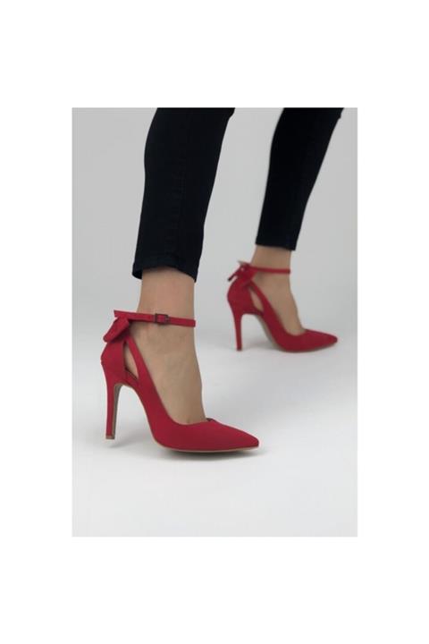 Özel Yapım Kadın Kırmızı Papyonlu Süet Stiletto