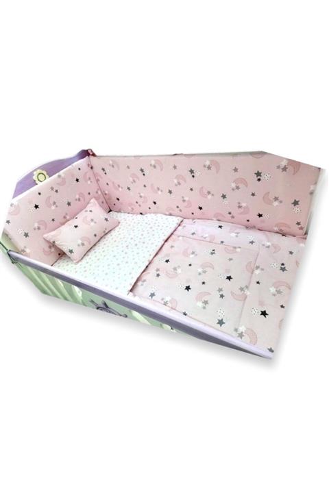 Bebek Özel %100 Pamuk Bebek Beşik Uyku Seti Pudra Pembe Ay Yıldızlı Desenli 70x130