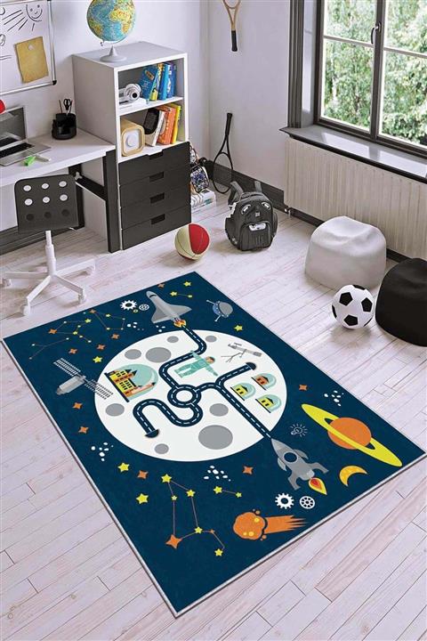 NeluxHome Makinede Yıkanabilir Kaymaz Tabanlı Space Uzay Temalı Çocuk Halısı Ar065