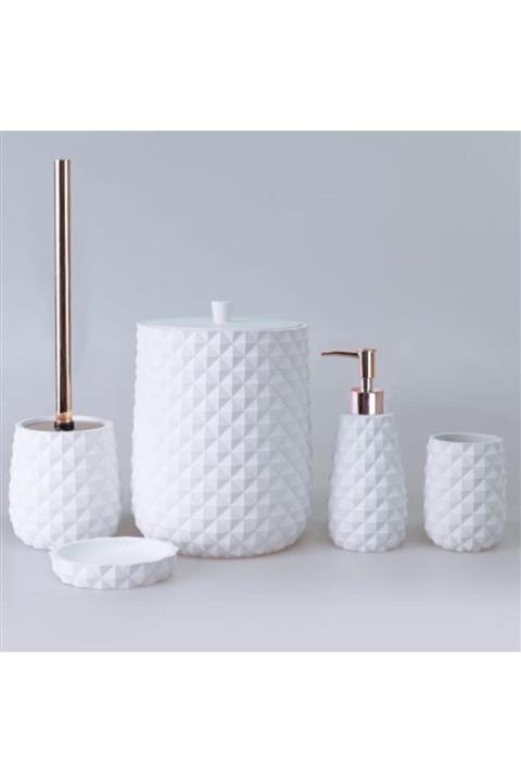 By Selim Beyaz Polyester Home Piramit 5 Parça Banyo Seti