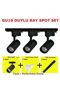 Coral Light Mini Ray Spot Set Gu-10 Duylu 3 Spot Lamba + 1 Mt Ray + 3 Gu10 Led Ampul Beyaz Işık Siyah Kasa