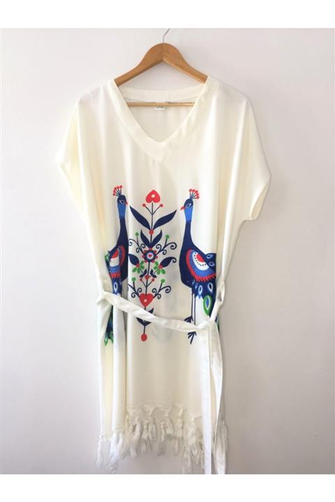 Derin Life Tavus Kuşu Desen Baskılı Peştemal Elbise