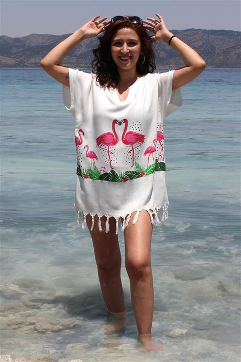 Esdense Kadın Flamingo Desen V Yaka Pareo Plaj Elbisesi