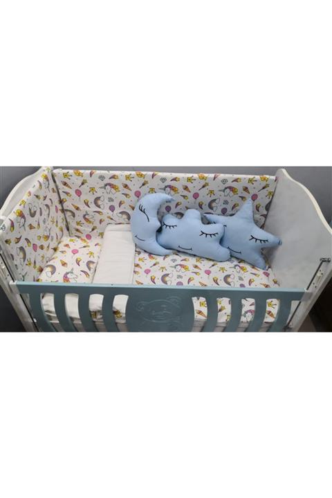 Bebek Özel 60x120 Bebek Uyku Seti Unicorn Desenli Mavi Süs Yastıklı