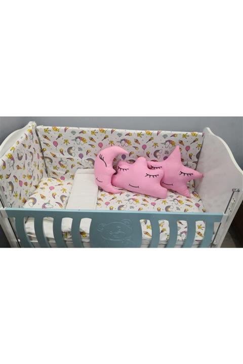 Bebek Özel 60x120 Bebek Uyku Seti Unicorn Desenli Pembe Süs Yastıklı
