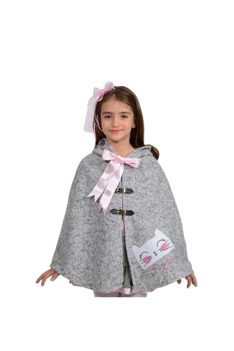 İpeqa Kız Çocuk Pembe Kışlık Kedili Pamuklu Panço