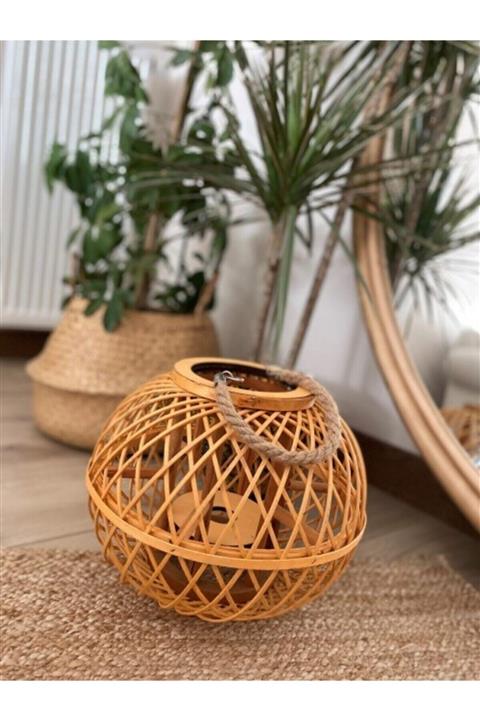 MİMOZA PARK Mimoza Lüks Yuvarlak Bambu Mumluk/ Fener