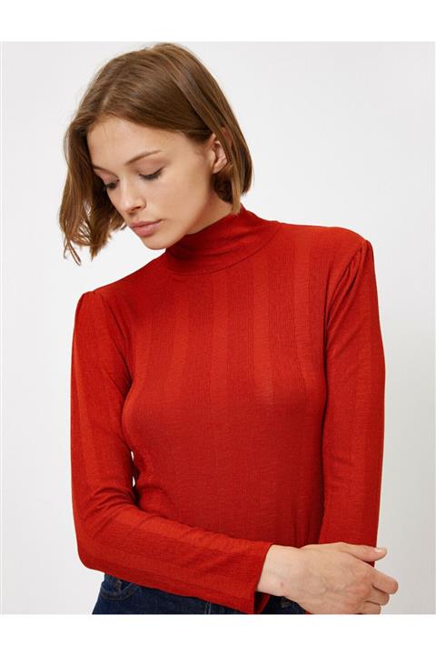 Koton Kadın Kırmızı Yüksek Yaka Uzun Kollu T-Shirt