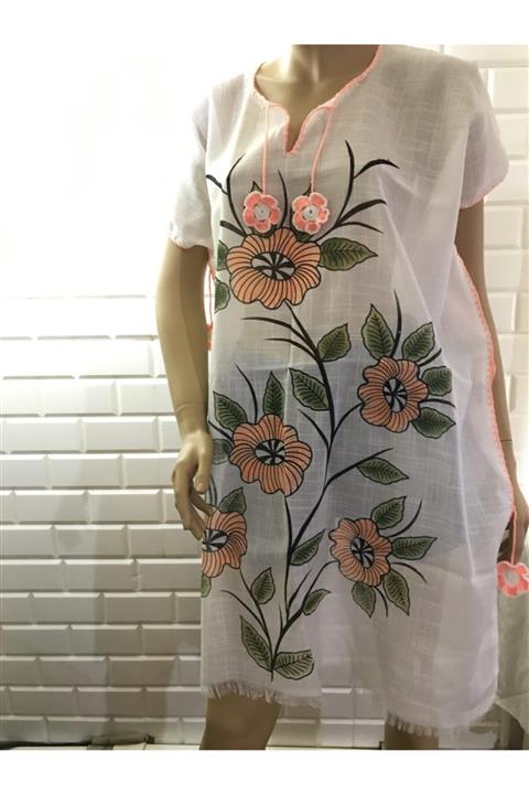 Bedenci Sevinç Kadın Turuncu Çiçekli Pamuklu El Baskılı Pareo