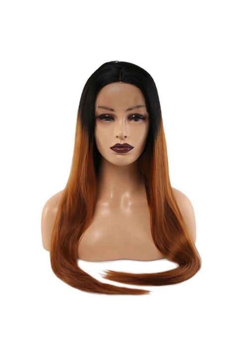 Peruk Market Fiber Sentetik Düz Uzun Tül Peruk  Siyah Bakır Ombreli