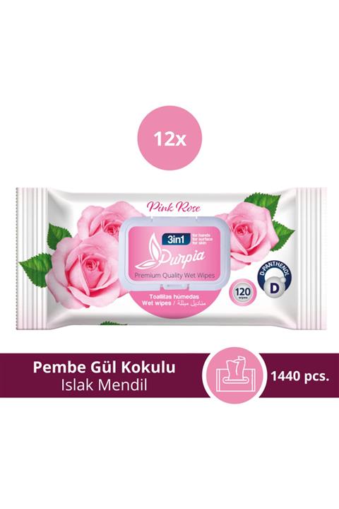 Purpia Pembe Gül Islak Mendil 12x120 Yaprak