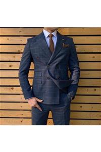 Terziayhan Slim Fit Ekoseli Kruvaze Takım Elbise