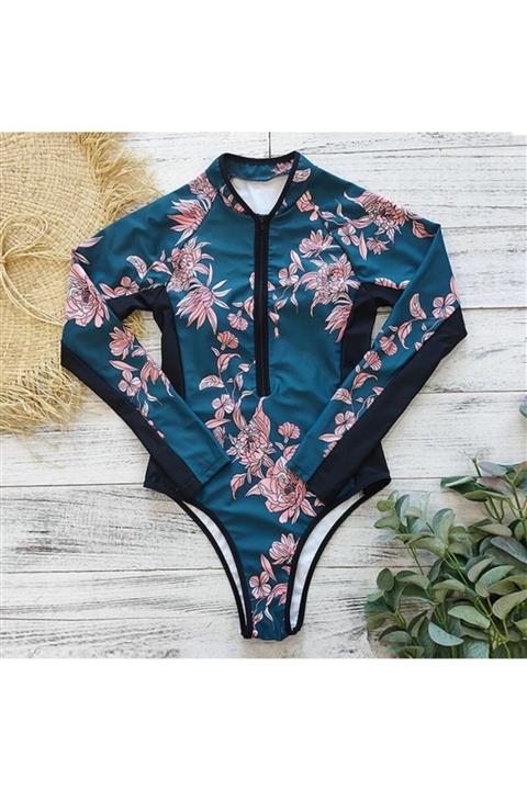 YASERS Yeşil Uzun Kollu Fermuarlı Desenli Sörf Mayo