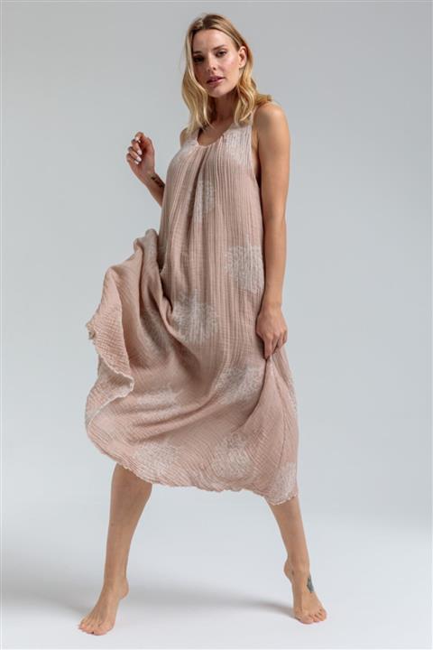 Begonville Maeve Lastik Askılı %100 Pamuk Muslin Astarlı Uzun Elbise - Mercan - Bej