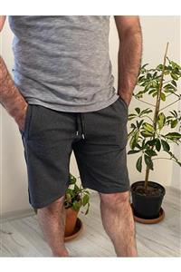 BENESSE Unisex Iki Iplik Pamuklu Şeritli Penye Örgü Antrasit Gri Şort