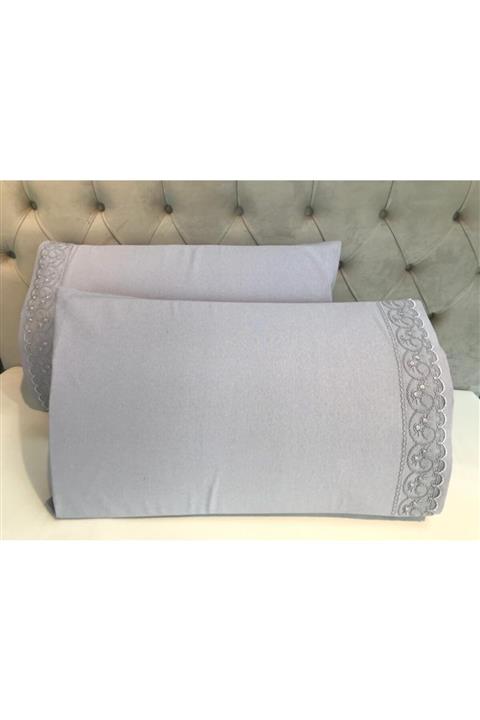 Çeyiz Bahçesi Fransız Güpürlü Sadem Gri Yastık Kılıfı