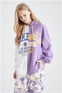 DeFacto Fit Nba Los Angeles Lakers Lisanslı Baskılı Örme Sweatshirt Oversize Fit Kapüşonlu