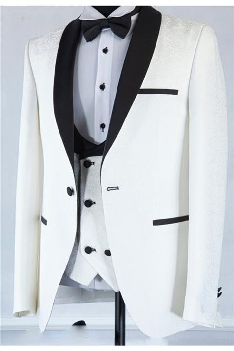 FAHRETTİN MODA Y011-05 Beyaz Şal Desenli Slim Fit Yelekli Damatlık