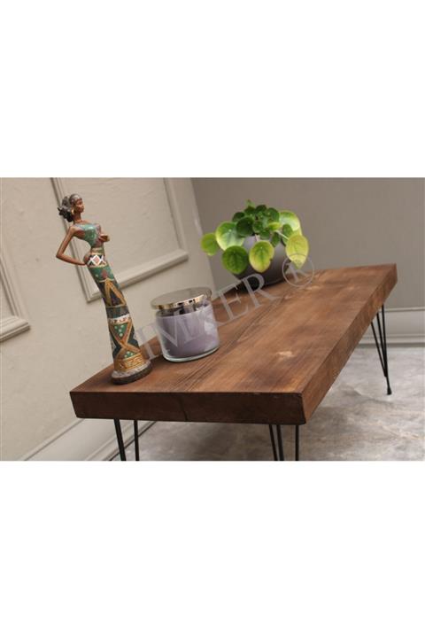 IMKER HOME Dekoratif Masif Doğal Ahşap Metal Ayaklı Dikdörtgen Orta Sehpa 80 Cm