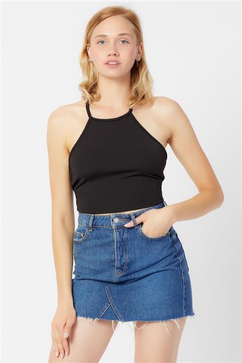 LAMODEMAPASS Kadın Siyah Sırtı Açık Crop Top