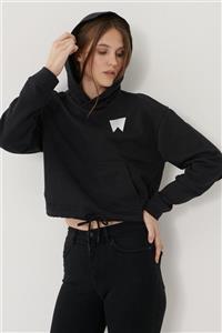 WRANGLER Kadın Siyah Regular Fit %100 Pamuk Kapüşonlu Sweatshirt