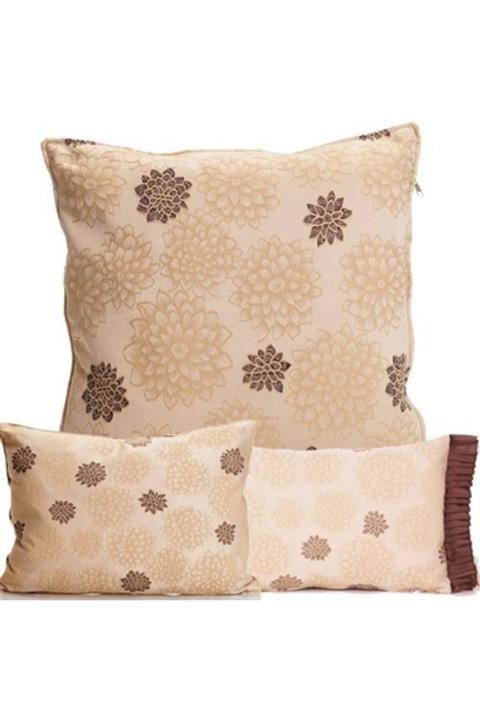 YASTIKMİNDER Koton Dokuma Bej Kahve Papatya Desenli Dekoratif Yastık Kılıfı Seti