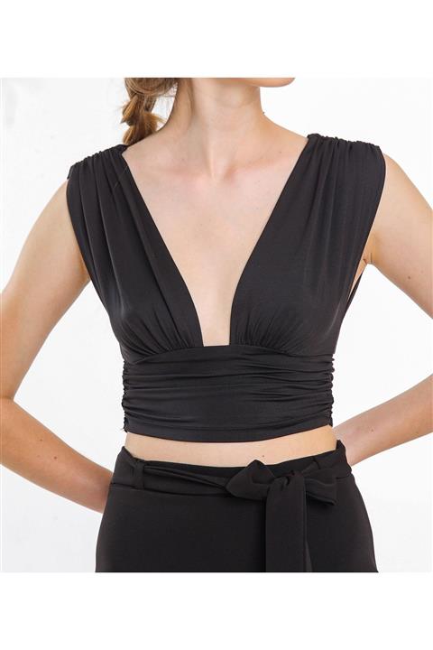 ELA Sisters V Yaka Siyah Crop Top