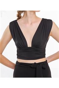 ELA Sisters V Yaka Siyah Crop Top