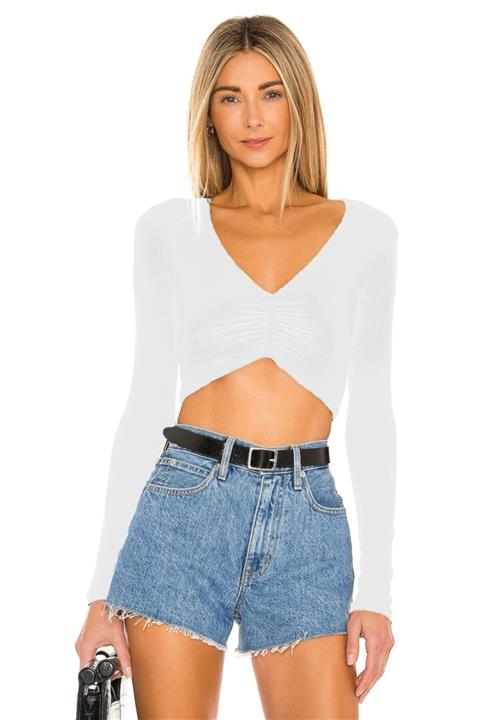 By Kul Design Kadın Beyaz V Yaka Crop Top