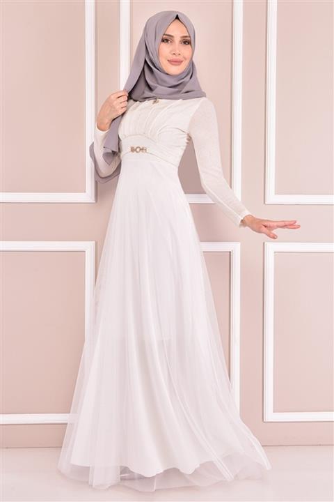 ModaMerve Simli Abiye Beyaz Efy12010