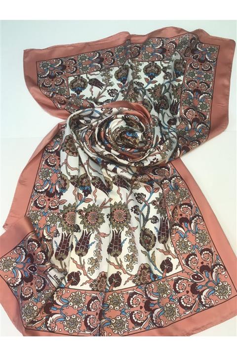 Ebru Sanat Evi Ipek Saten Pembe Lale Motifli Fular