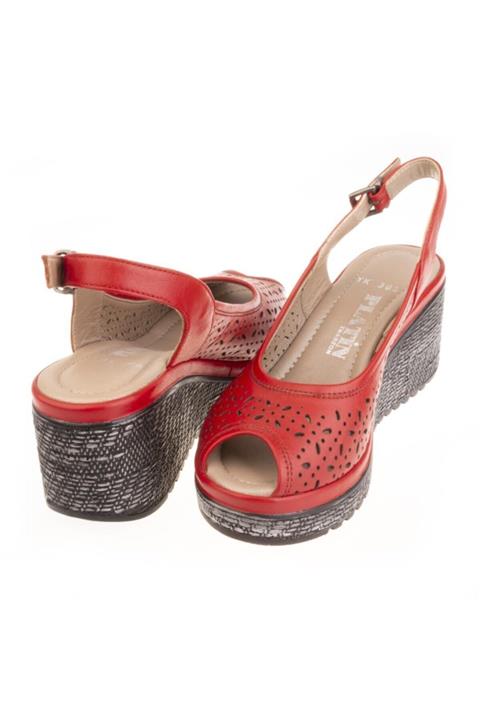 Platin Topuklar Kadın Kırmızı Lazer Baskı Dolgu Topuk Ayakkabı