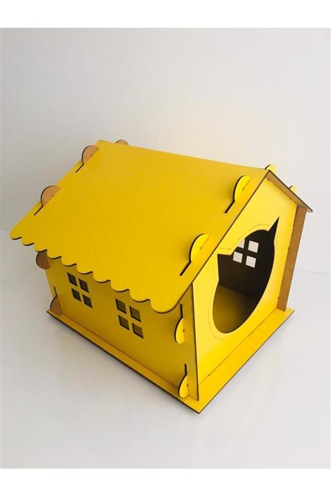 GülPet Ahşap Kedi Evi(sarı) - Dekoratif Kedi Yuvası - Kedi Yatağı