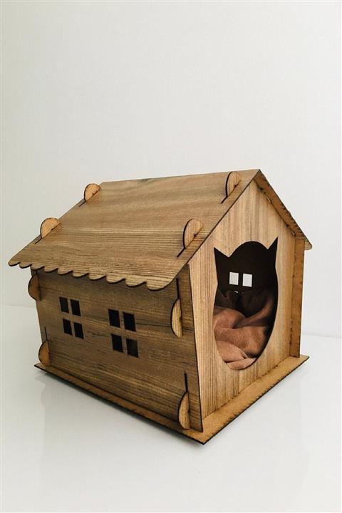 life hobi Ahşap Kedi Evi Dekoratif Kedi Yuvası Minderli Kedi Yatağı