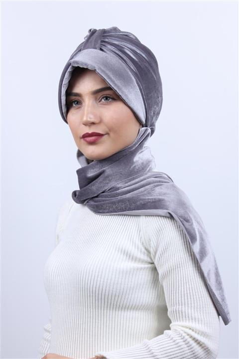 Nowa Scarf Kadife Şallı Şapka Bone Gri