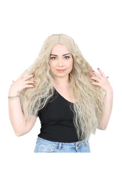 Peruk Market Balköpüğü Platin Röfleli Kabarık Dalgalı Uzun Fiber Sentetik Peruk