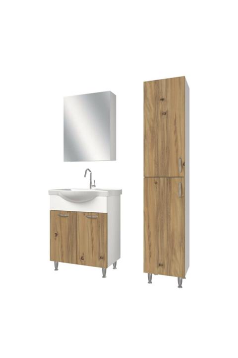 banos Tm1 Metal Ayaklı 2 Kapaklı Lavabolu Ceviz Mdf 65 Cm Banyo Dolabı Aynalı Üst Dolap Boy Dolabı